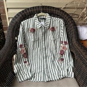 Driftwood Button Down Embroidered Olive Stripe Blouse XL